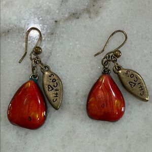 NWOT Chico's Red Teardrop Earrings with Antique Gold Tags